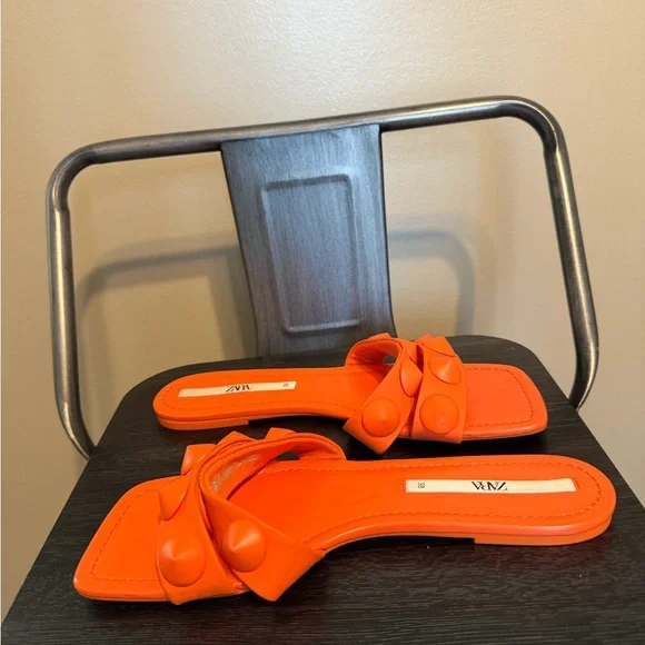 Zara Neon Orange Studded Square Toe Slide Sandals Statement Minimalist EU38 7.5 - Picture 4 of 10